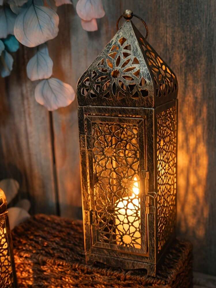 Moroccan Style Metal Lanterns, Hollow-Out Projection Iron Art Candle Holders, Vintage Style Gilded Hollow Carved Wind Lanterns, Suitable For Home, Courtyard, Garden, Villa, Festive Tabletop Decor For New Year, Halloween, Valentine's, Thanksgiving, Christmas, Home & Garden Decor Christmas Decorations Home Christmas Gifts Christmas Decor - Multicolor - View 7