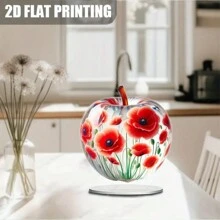 1pc Bohemian Art Deco Apple-Shaped Acrylic Decorative Sign With Poppy Flower Design, 18x20cm/7x7.8in, Tabletop Floral Ornament, Multipurpose Desk Decor For Home, Office, Bedroom, Cafe, Living Room, Birthday Gift Idea