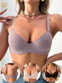 3pcs No-Trace Wire-Free Gathered Push-Up Seamless Back Smoothing Bra Set - Multicolor - View 2