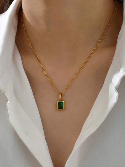 1pc Vintage Stainless Steel Green Stone Necklace, Gold-Tone, Fashion Gift For Sister, Daily Wear