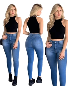 Pantalon jeans de mezclilla estilo skinny stretch para dama mujer ajustado push up cintura alta G - Azul lavado oscuro - Ver 1