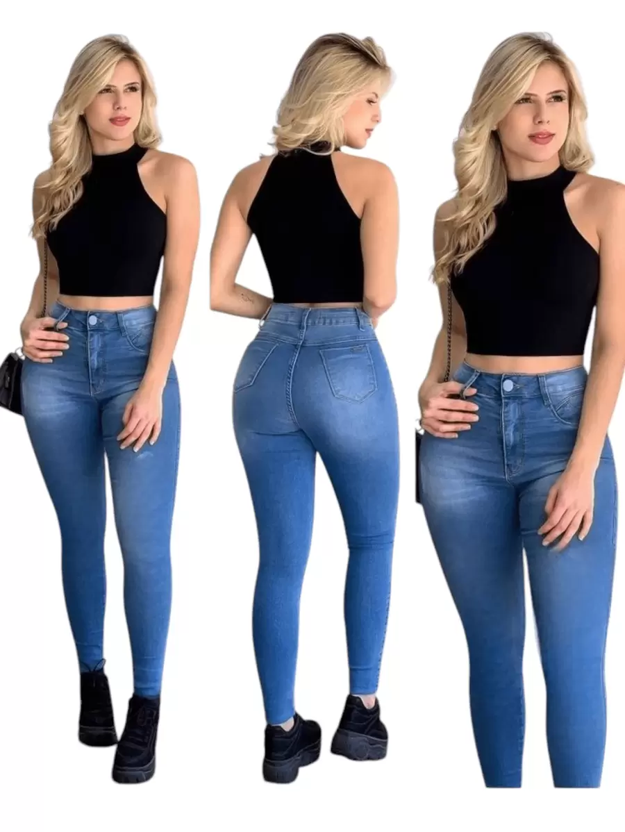 Pantalon jeans de mezclilla estilo skinny stretch para dama mujer ajustado push up cintura alta G - Azul lavado oscuro - Ver 1