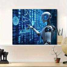 Pintura decorativa con robot de Inteligencia Artificial futurista, gran obra de arte de pared con marco, que muestra la tecnología robótica avanzada y la interfaz de datos digitales, adecuada para decorar la sala de estar, dormitorio u oficina, arte de pared con estilo tecnológico ciberpunk, apropiado para uso doméstico o boutique - Negro - Ver 4
