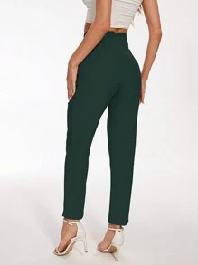 TRAFZA Women's Slim Fit Solid Color Pleated Stretch Straight Leg Pants, Suitable For Casual And Formal Wear - Dark Green - View 5