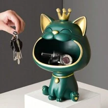 1PC Fortune Crown Big Mouth Cat Entrance Key Storage Tray Decorative Ornament, Light Luxury Housewarming Gift Sculpture