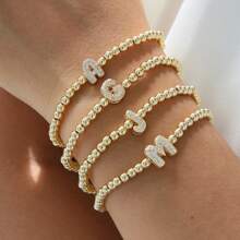 Pulseira com Contas Iniciais de 4mm A-Z, Revestida a Ouro 18K com Micro Pavê de CZ, Formato de Balão Bolha, Cordão Elástico, Joia Simples para Presente Feminino