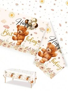 3pcs, 108*180cm/42.5*70.8in Disposable Party Tablecloth With Teddy Bear Design, Suitable For Various Theme Parties And Daily Use (Can Be Hung As Backdrop To Enhance Holiday Atmosphere)