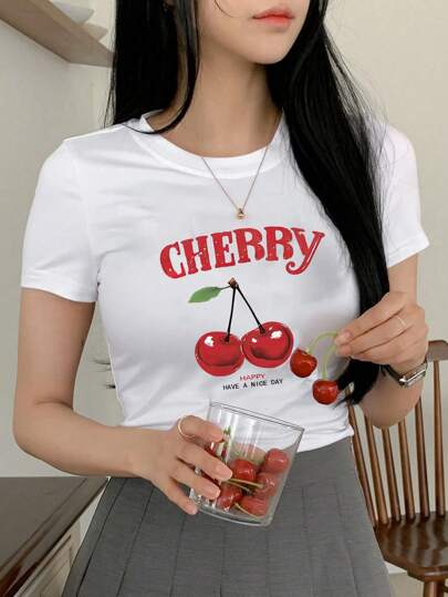 Maglietta casual estiva sportiva da donna con stampa di ciliegie in stile Y2K, magliette grafiche da donna per vacanze e uscite, top a maniche corte Brandy, top estivi a maniche corte, top corti estivi da donna