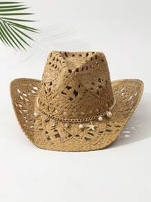 1pcs Unisex Conch Decor Cowboy Hat Hollow Printed Cowgirl Hat Casual Sun Hat Spring Summer Travel Shade Beach Hat Straw Hat - 卡其色 - 查看 2