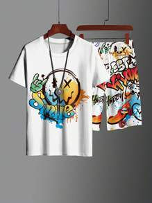 2pcs/Set Men's Casual Summer Outfit, Colorblock Short Sleeve Crew Neck T-Shirt & Drawstring Shorts Set, Beach/Sports/Workout Shorts, Cozy Outfits - White - View 3