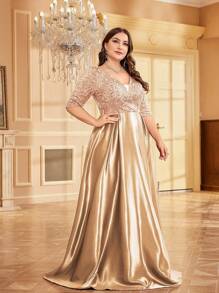 hezixi Vestido de cóctel, para invitadas de boda o de graduación, elegante y lujoso, de talla grande, con cuello en V, manga corta, de satén con lentejuelas y diseño acampanado, para madre de la novia