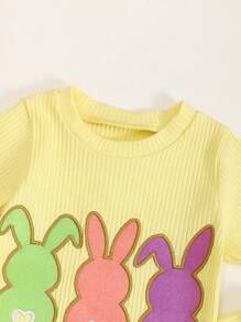 Conjunto de 2 piezas para niña bebé con diseño bordado de conejo amarillo, Serie adorable, perfecto para Pascua - Amarillo - Ver 5