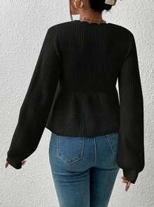 Women's Spring Autumn Knit Tops Solid Color Long Sleeve Drawstring Waist Knitwear - Black - View 4