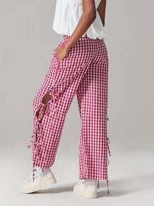 Women Y2K Wide Leg Gingham Pants Elastic High Waist Side Tie Loose Fit Plaid Trouser Lounge Pants