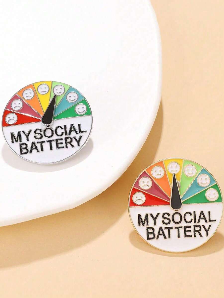 1pc Creative & Fashionable Mood-Changing Power Metal Brooch, Sliding Social Battery Pin Decor - Multicolor - View 1