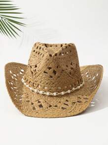 1pc Unisex Pearl Decor Cowboy Hat Hollow Out Wide Brim Handmade Cowgirl Hat Spring Summer Travel Shade Beach Hat Straw Hat Casual Sun Hat - Màu Khaki - Xem 2