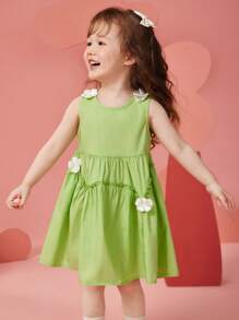Young Girls' Sleeveless A-Line Dress With Floral Embellishment, Breathable & Moisture-Wicking, Summer - Green - View 6