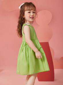 Young Girls' Sleeveless A-Line Dress With Floral Embellishment, Breathable & Moisture-Wicking, Summer - Green - View 7