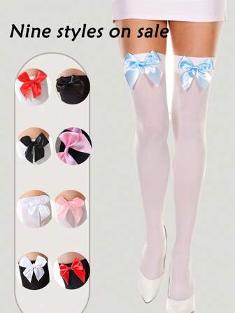 1 st Bowknot Lolita lår höga strumpor för kvinnor, söt söt sexig mångsidig högstretch andas mjuka strumpor