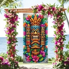1 Pc, Tiki Bar Tropical Floral Themed Doorway Curtain - Hawaiian Theme, 70x35 Inch Polyester - Perfect For Photo Booth, Outdoor & Home Decor, Parties & Events, Seasonal Holiday Decor, Garden Decor, Photography Backdrop, Party Supplies - SYMF-853 - View 3