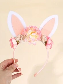 1pc Happy Easter Headband With Flower Decor,Cute Pink And White Rabbit Ears Party Costume Headdress For Party Supplies,Photo Props Hairband.