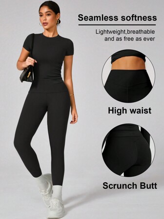 女士柔软吸湿排汗圆领短袖上衣和弹力瑜伽裤套装