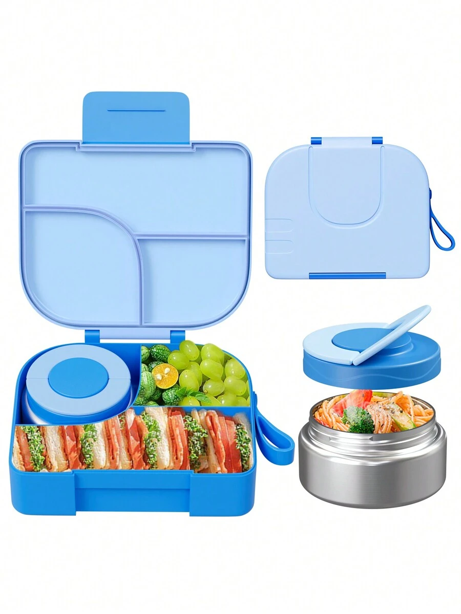 صندوق غداء بينتو مع شوربة حرارية سعة 9 أونصة، حاويات طعام غداء مانعة للتسرب مع 3 حجرات، وعاء طعام ساخن معزول حراريًا للمدرسة والمكتب والسفر والنزهات - الأزرق - مشاهدة 1