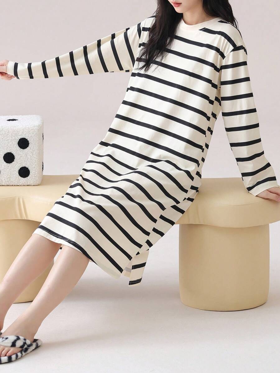 AICJ 1 件休闲简约圆领套头衫中长条纹卡通字母印花睡袍家居服连衣裙，母亲节、情人节、新年礼物 - 彩色 - 查看 1