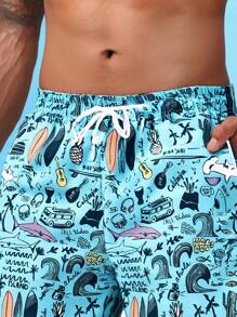 5-Inch Men's Summer Quick Dry Cartoon Beach Shorts, Casual Loose Comfortable Vacation Travel Shorts - Baby Blue - View 5