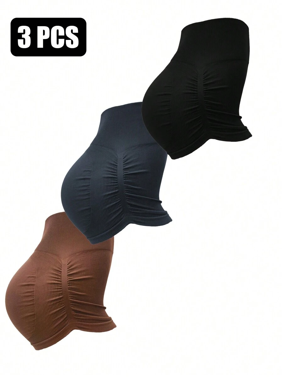 YESOBD 3 Pcs Women Workout Gym Impact Shorts Hidden Scrunch Butt Lifting Seamless Shorts,Omens Workout Seamless Scrunch Butt Lifting Shorts High Waisted Tummy Control Gym Yoga Shorts - 3 Pack-bLK-gRY-cOF - View 1