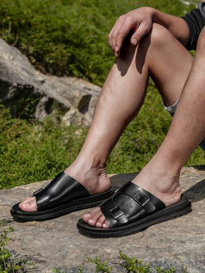 全新男士休闲轻便平底一脚蹬拖鞋，舒适海滩度假风格