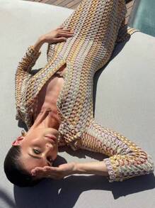 Handmade Crochet Hollow Out Beach Casual Vacation Low Cut V-Neck Split Dress - Multicolor - View 3