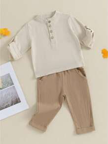 Toddler Boys Cotton Linen Outfits Buttons Short Sleeve Shirts And Elastic Waist Long Pants 2Pcs Clothes Set - Màu Khaki - Xem 2