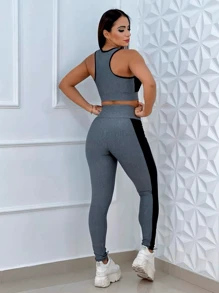 Women's Sports Set Fitness Top + Pants With Side Detail - Grey - View 3