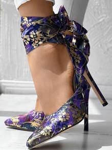 Damen Satin Blumen Muster Schleife High Heels, modische Band Zehe Schleife Schnürung Dünner High Heel Geschlossene Zehe Damenschuhe für Party Kleider, Bankette, Hochzeiten - Violett - Übersicht 5