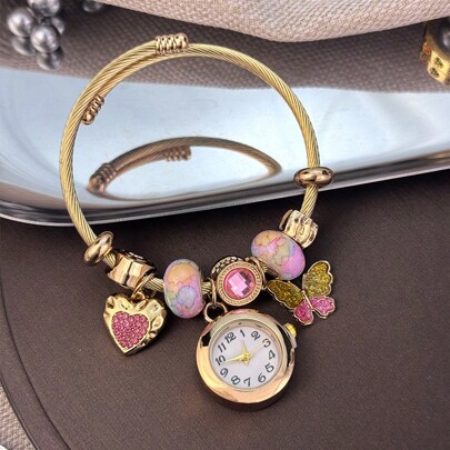1pc Women's Fashionable Stretch Bracelet Watch With Pink Heart, Floral, Rhinestone, Colorful Beads & Alloy