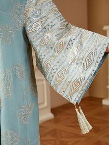 SISKAKIA 时尚端庄女装植物亮片阿拉伯连衣裙女士流苏派对节日优雅长裙 - 綠色 - 查看 9