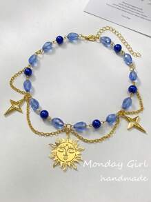 1pc Fashionable Bohemian Resin Crystal Metal Sun Starburst Tassel Pendant Necklace, Women Jewelry For Daily Outfit And Party Accessory - 彩色 - 查看 3