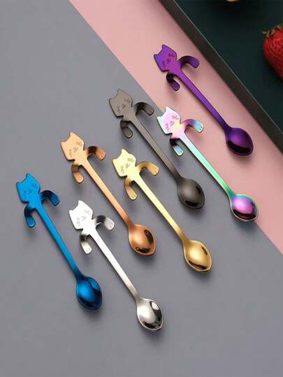 1/5/10pcs Stainless Steel Cat-Shaped Spoons, Creative Cartoon Edge Spoons, Gold-Plated Coffee Mixing Spoons Back To School