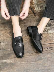 2025 年春季时尚男士韩版休闲一脚蹬乐福鞋，适合商务、正装或休闲装，尖头皮鞋，夜店时尚 - 黑色 - 查看 2