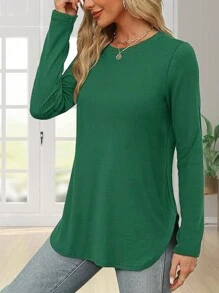 Women's Solid Color Crew Neck Shirt With Side Split Long Sleeve Casual Basic Top - 綠色 - 查看 4