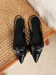 Women's Pointed Toe Vintage Style Patent Leather Rivet Decor Slip-On Flats, Cute Style For Spring & Autumn - Black - View 6