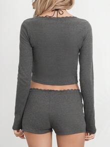 Womens Two Piece Pajamas Long Sleeve Lace Trim Crop Tops And Shorts Set Loungewear - Dark Grey - View 8