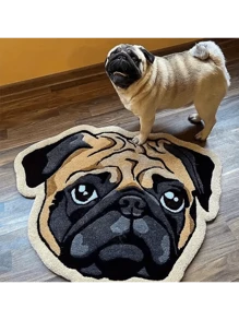 New Adorable Pug Dog Shaped Area Rug, Fluffy High Pile Polyester Non-Slip Mat, Machine Washable Vinyl-Backed Entryway Bedroom Rug, Indoor Pet-Friendly Creative Thick Carpet - Machine Made Asymmetric Shaped Rug