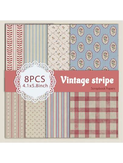 8 Pcs Vintage Stripe Scrapbook Paper, Wave Point Scrapbooking Supplies, Craft Paper,Junk Journal Paper, Decoupage Paper For Bullet Journal, Card Making, DIY Art Crafts Collages,School Supplies,Back To School