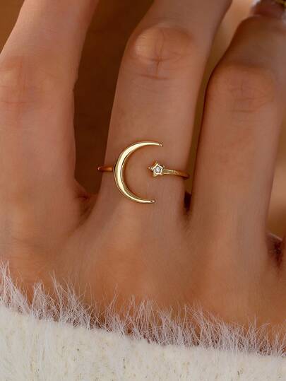 1 pieza Anillo ajustable con diseño de estrella y luna de circonita cúbica color dorado para mujer