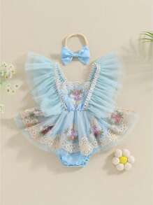 Conjunto de niña recién nacida, vestido de verano con bordado de flores y tul de patchwork y lazo para el pelo - Azul - Ver 2