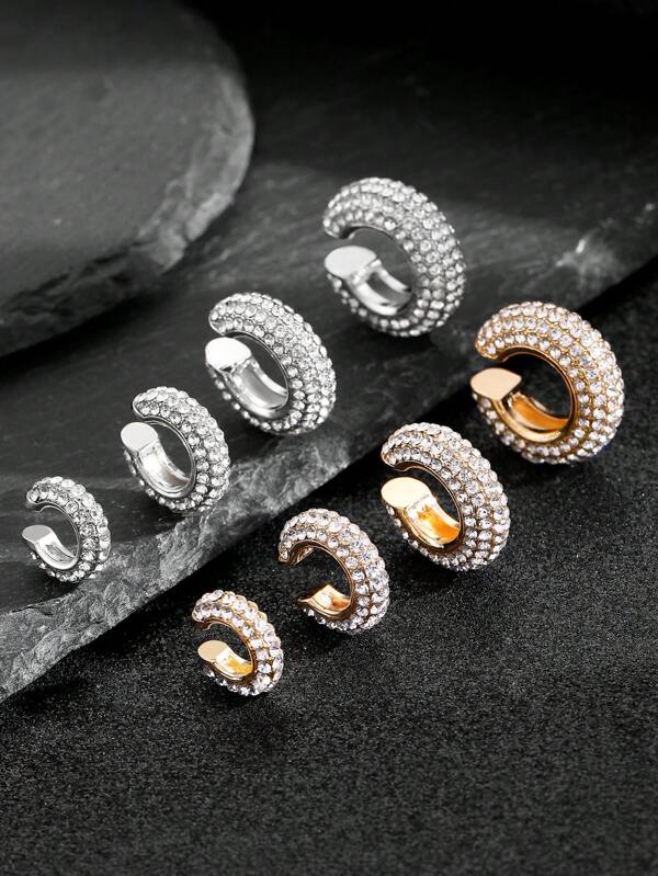 4pcs/8pcs Punk Hip-Hop Copper Inlaid Zirconia C-Shaped Clip-On Earrings Set, Simple & Stylish Jewelry For Women, Versatile Daily Wear