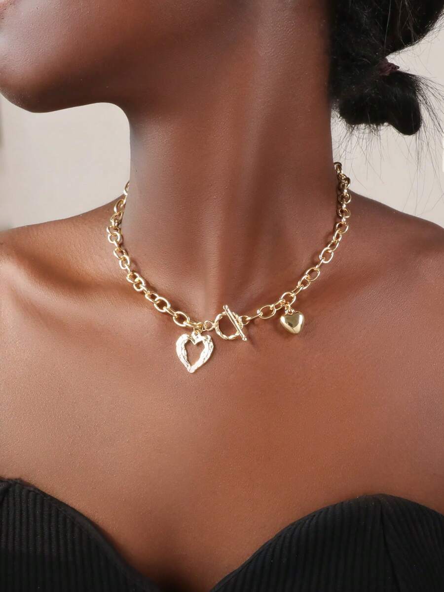 1 件 Marka 时尚镂空心形吊坠项链，适合女士，法式不锈钢锁骨镀金首饰，适合日常佩戴，无盒子 - 金黃色 - 查看 1