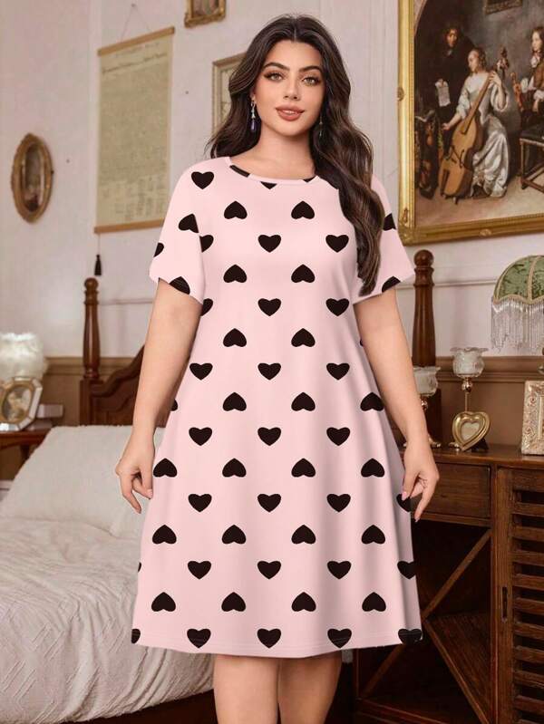 Plus Size Vrouwen Hart Print Ronde Hals Korte Mouw Nachthemd